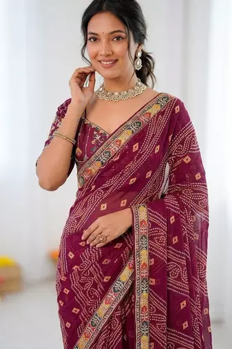 Wine soft georgette digital print saree with embroidered border & banglory silkblend blouse