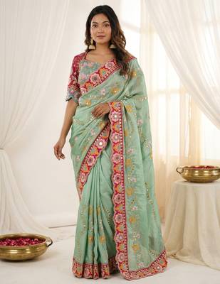 Green rangoli silkblend designer embroidered saree with mono banglory blouse 1