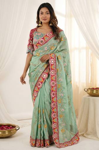 Green rangoli silkblend designer embroidered saree with mono banglory blouse