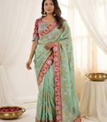 Green rangoli silkblend designer embroidered saree with mono banglory blouse