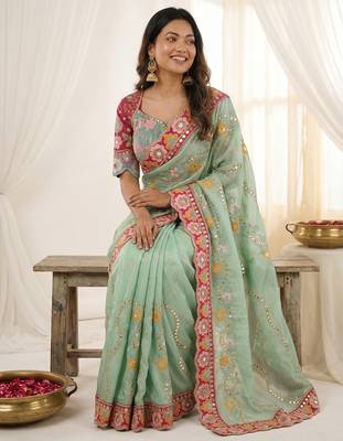 Green rangoli silkblend designer embroidered saree with mono banglory blouse 2