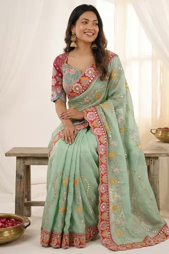 Green rangoli silkblend designer embroidered saree with mono banglory blouse