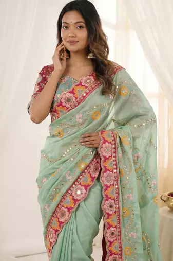 Green rangoli silkblend designer embroidered saree with mono banglory blouse