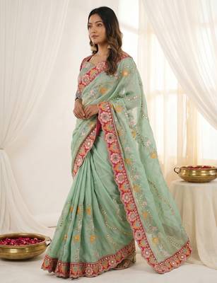 Green rangoli silkblend designer embroidered saree with mono banglory blouse 4