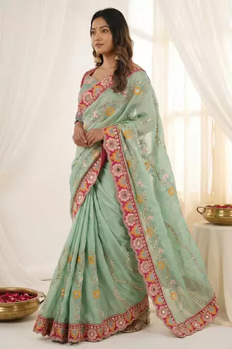 Green rangoli silkblend designer embroidered saree with mono banglory blouse