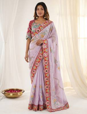 Lavender rangoli silkblend designer embroidered saree with mono banglory blouse 1