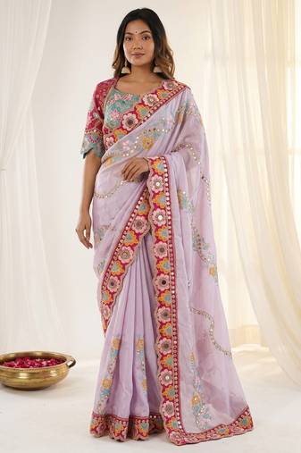 Lavender rangoli silkblend designer embroidered saree with mono banglory blouse
