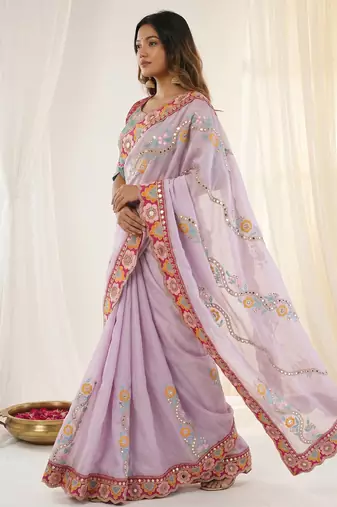 Lavender rangoli silkblend designer embroidered saree with mono banglory blouse