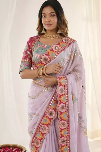 Lavender rangoli silkblend designer embroidered saree with mono banglory blouse