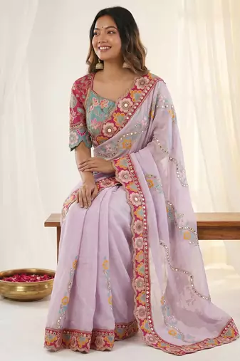 Lavender rangoli silkblend designer embroidered saree with mono banglory blouse