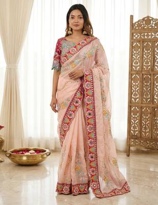 Peach rangoli silkblend designer embroidered saree with mono banglory blouse 1