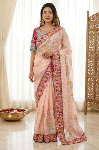 Peach rangoli silkblend designer embroidered saree with mono banglory blouse