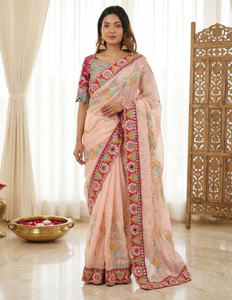Peach rangoli silkblend designer embroidered saree with mono banglory blouse