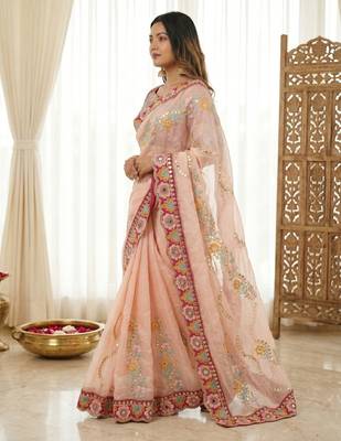 Peach rangoli silkblend designer embroidered saree with mono banglory blouse 2