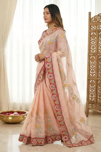 Peach rangoli silkblend designer embroidered saree with mono banglory blouse
