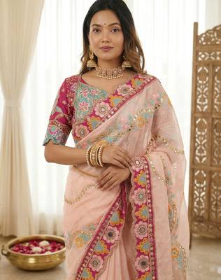 Peach rangoli silkblend designer embroidered saree with mono banglory blouse 3
