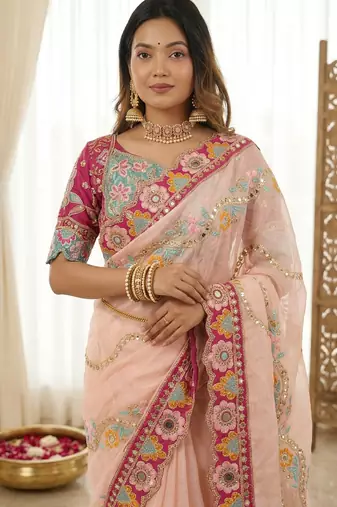 Peach rangoli silkblend designer embroidered saree with mono banglory blouse