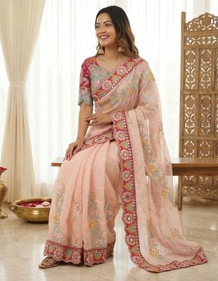 Peach rangoli silkblend designer embroidered saree with mono banglory blouse 4