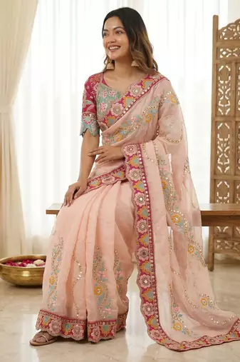 Peach rangoli silkblend designer embroidered saree with mono banglory blouse