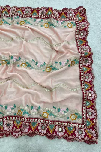 Peach rangoli silkblend designer embroidered saree with mono banglory blouse