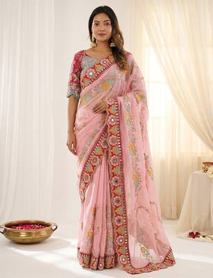 Pink rangoli silkblend designer embroidered saree with mono banglory blouse 1