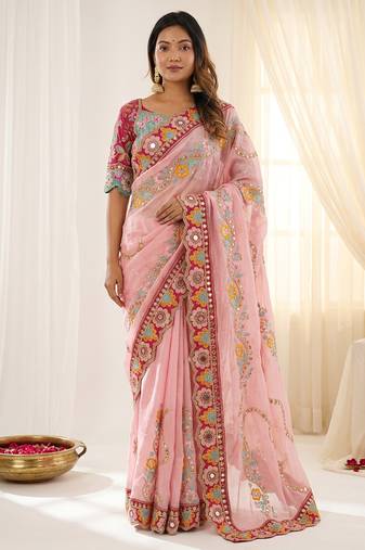 Pink rangoli silkblend designer embroidered saree with mono banglory blouse