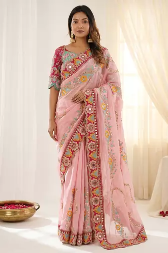 Pink rangoli silkblend designer embroidered saree with mono banglory blouse