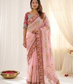 Pink rangoli silkblend designer embroidered saree with mono banglory blouse