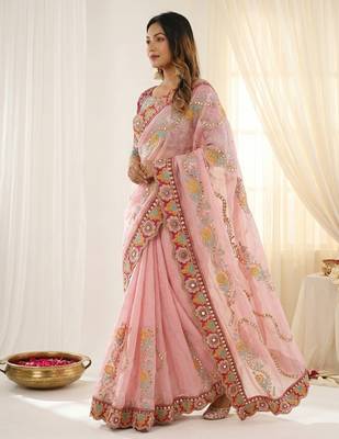 Pink rangoli silkblend designer embroidered saree with mono banglory blouse 2