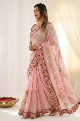 Pink rangoli silkblend designer embroidered saree with mono banglory blouse