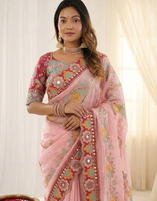 Pink rangoli silkblend designer embroidered saree with mono banglory blouse 3