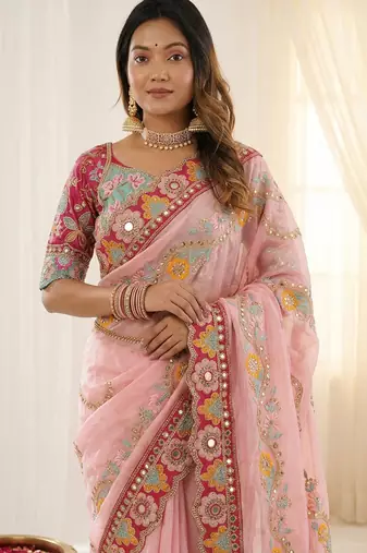Pink rangoli silkblend designer embroidered saree with mono banglory blouse