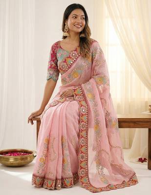Pink rangoli silkblend designer embroidered saree with mono banglory blouse 4