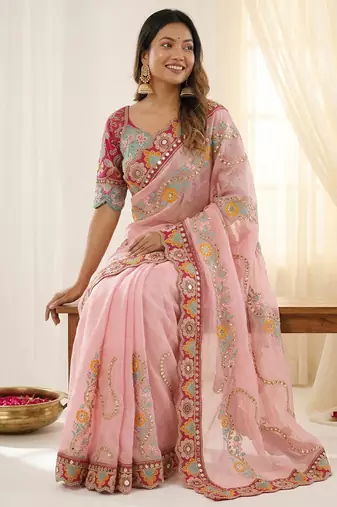 Pink rangoli silkblend designer embroidered saree with mono banglory blouse