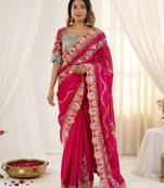 Rani pink rangoli silkblend designer embroidered saree with mono banglory blouse