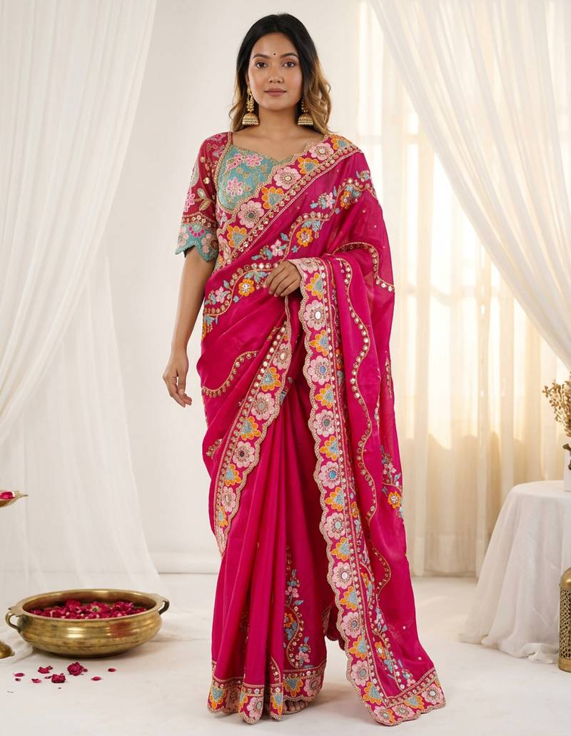 Rani pink rangoli silkblend designer embroidered saree with mono banglory blouse
