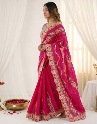 Rani pink rangoli silkblend designer embroidered saree with mono banglory blouse 2