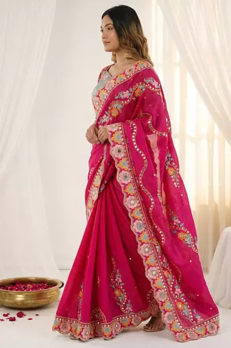 Rani pink rangoli silkblend designer embroidered saree with mono banglory blouse