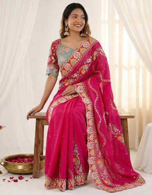 Rani pink rangoli silkblend designer embroidered saree with mono banglory blouse 4