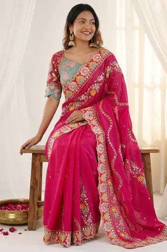 Rani pink rangoli silkblend designer embroidered saree with mono banglory blouse