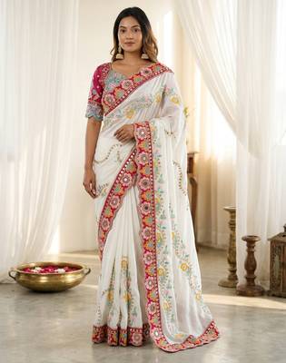 White rangoli silkblend designer embroidered saree with mono banglory blouse 1