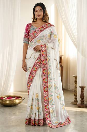 White rangoli silkblend designer embroidered saree with mono banglory blouse