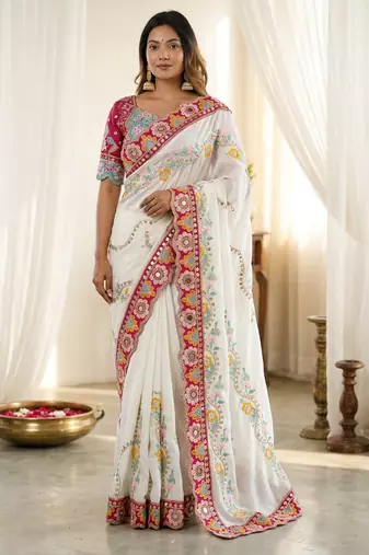 White rangoli silkblend designer embroidered saree with mono banglory blouse