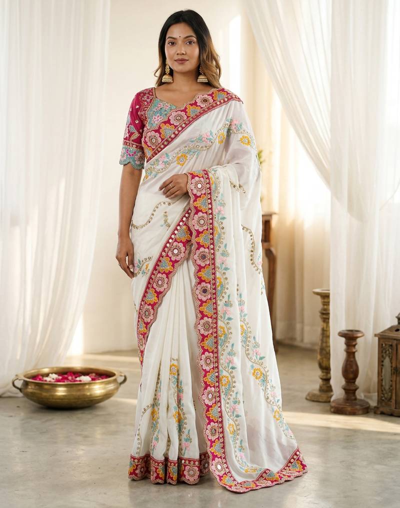White rangoli silkblend designer embroidered saree with mono banglory blouse