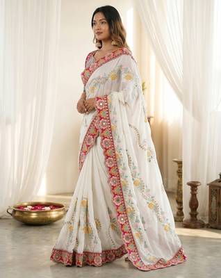 White rangoli silkblend designer embroidered saree with mono banglory blouse 2