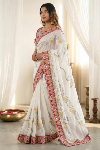 White rangoli silkblend designer embroidered saree with mono banglory blouse