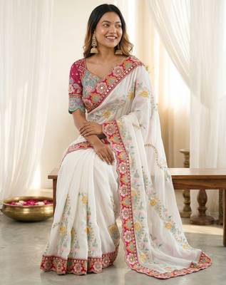 White rangoli silkblend designer embroidered saree with mono banglory blouse 4