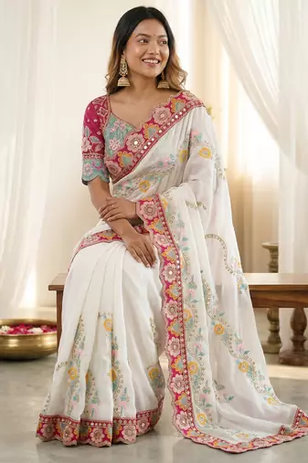 White rangoli silkblend designer embroidered saree with mono banglory blouse