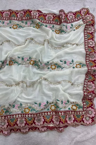 White rangoli silkblend designer embroidered saree with mono banglory blouse