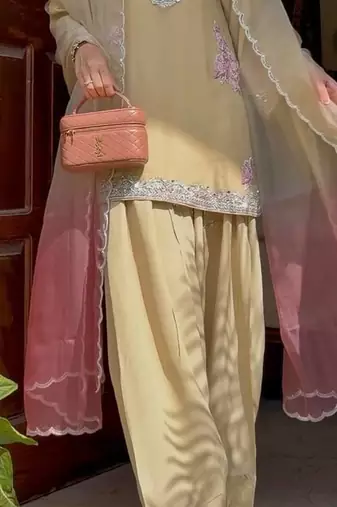 Cream heavy rayon kurta farshi palazzo set with shaded tabby silk blend dupatta